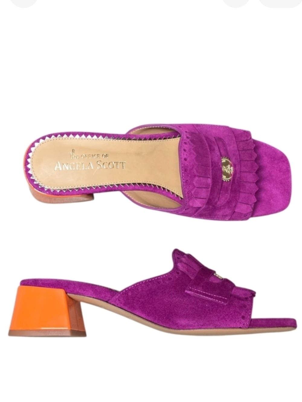 OFFICE OF ANGELA SCOTT MISS CAMERON SUEDE FUSCHIA ORANGE MULES New With Box 6.5